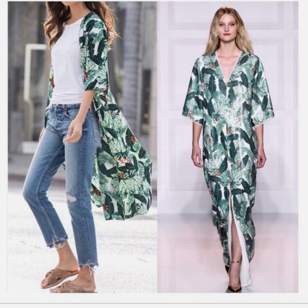 Rachel Zoe Palm Print maxi kimono duster beach cover up one size